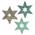 Floristik24 Dřevo sypané hvězdicově zelené, třpytivá vánoční hvězda mix 4cm 72ks