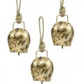 Floristik24 Zvonky na zavěšení, mini kravské zvonky, venkovský dům, kovové zvonky zlaté, starožitný vzhled 7 × 5 cm 12ks