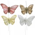Floristik24 Motýli se slídou, svatební dekorace, ozdobné špunty, pírko motýl žlutá, béžová, růžová, bílá 9,5×12,5cm 12ks
