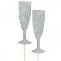 Floristik24 Silvestrovská dekorace sklenice na šampaňské stříbrná květinová zátka 9cm 18ks