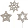 Floristik24 Flower plug stars, adventní, květinová dekorace, dřevěné hvězdy přírodní, bílé, zlaté třpytky L27 / 28,5cm 18ks