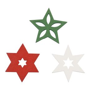 Floristik24 Bodová dekorace Vánoční dřevěné hvězdy červená/bílá/zelená Ø3,5cm 72ks