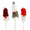 Floristik24 Gnome k přilepení s pletenou čepicí červená, bílá, šedá 11–13cm L34–35,5cm 12ks